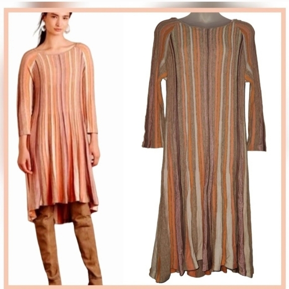 Moth Anthropologie Nora Dress Ribbed  Boho Neutral Coral Pink Cream Dress Size L - Picture 3 of 12